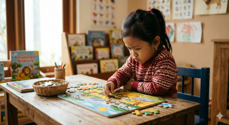 anak belajar fokus dengan puzzle